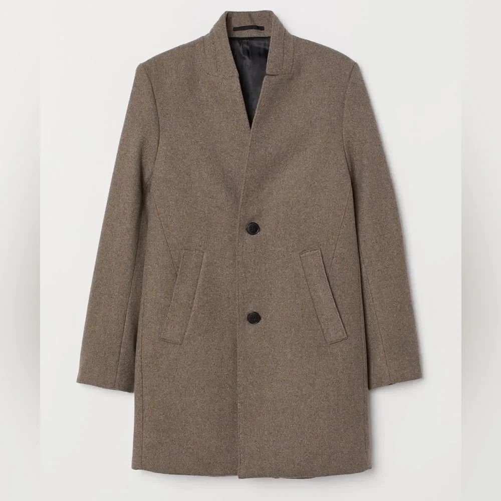 H&M Classic Wool-Blend Stand Up Color Topcoat in Taupe